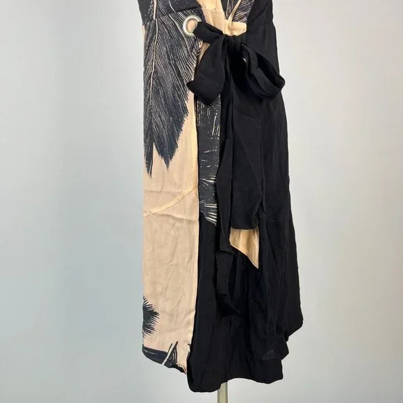 NWT Mint Velvet Beige / Peach Black Feather Pencil Midi TIE Dress US 4 UK 8 - Picture 6 of 12